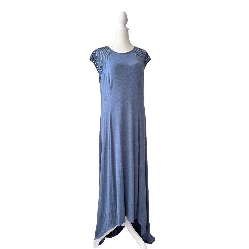 Chico's 2 Large Blue‎ Lattice Shoulder Maxi Dress Rayon Spandex Stretch Resort